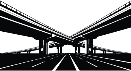 A striking black and white image of converging highway overpasses against a bright sky creating a bold silhouette high quality professional detailed modern © Creativekhairul02