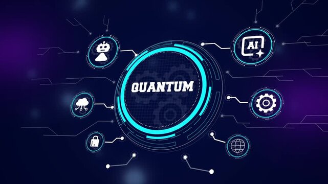 Advanced quantum computing technology with a futuristic hud interface, featuring complex particle processing and high-speed digital logic for tech industry ads