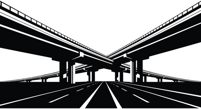 A striking black and white image of converging highway overpasses against a bright sky creating a bold silhouette high quality professional detailed modern