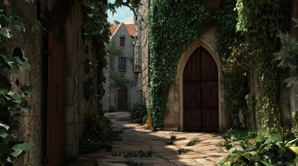 Obraz premium Serene Village Pathway Surrounded by Lush Greenery in a Quaint Medieval Setting