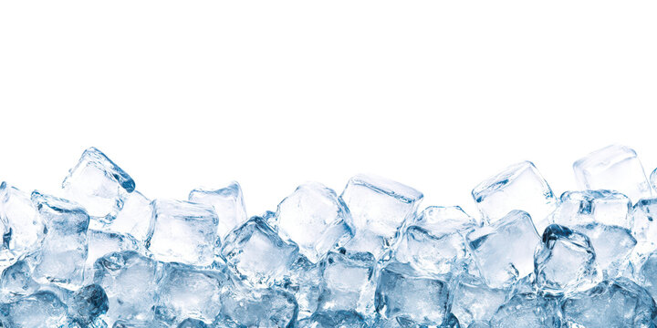 bottom border of fresh and light blue ice cubes isolated on white or transparent png