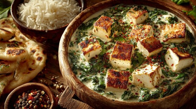A vibrant Indian saag paneer featuring creamy spinach and paneer cheese curry