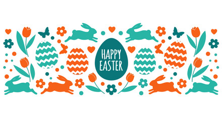 Colorful Easter holiday banner with cheerful bunnies, patterned eggs, and fresh spring flowers, perfect for festive celebrations and seasonal greetings © charli