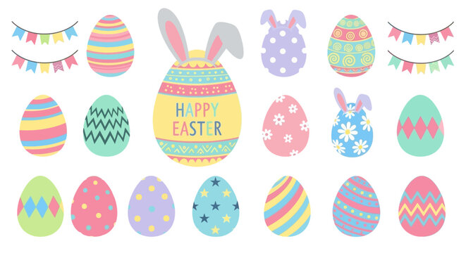 Adorable assortment of patterned Easter eggs and cheerful holiday bunting for delightful spring festivities and creative graphic designs