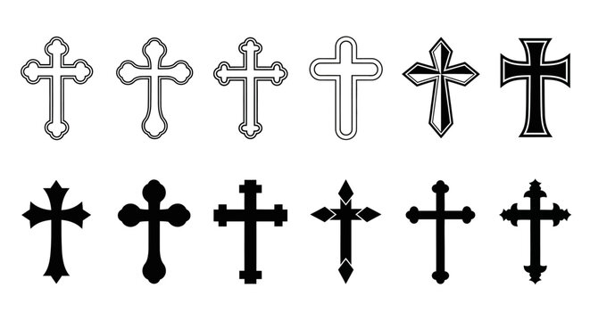 Collection of various black and white Christian cross symbols, isolated on a white background, representing faith and spirituality