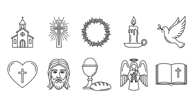 Essential Christian Symbols Icon Set A Pictorial Journey of Faith, Spirituality, and Worship Represented in Elegant Line Art Designs