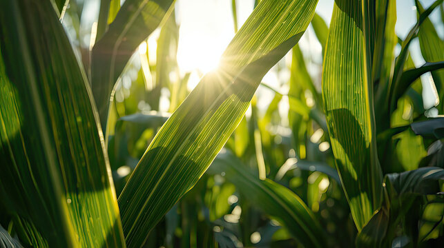 Green corn leaves shine in sunlight in a lush field of plants