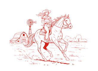 Cowgirl on horse vintage artwork for t shirt. Wild west farm scene. Apparel and poster. Horse rider hand sketch. Red and black graphic design. © panji
