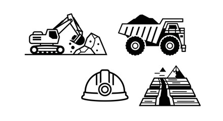 Mining and Construction Equipment Icons - Excavator, Dump Truck, Hard Hat, and Mine Entrance. © Rara