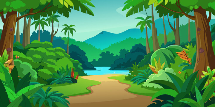 Green jungle tropical rain forest nature landscape background paper art style.Vector illustration.