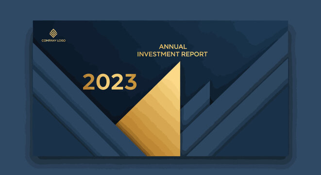 Annual Investment Report 2023 with Gold Geometric Accents.