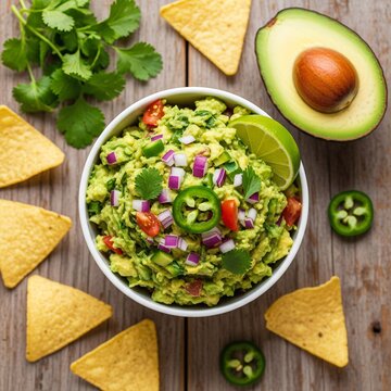 Fresh avocado guacamole in a bowl served with tortilla chips.