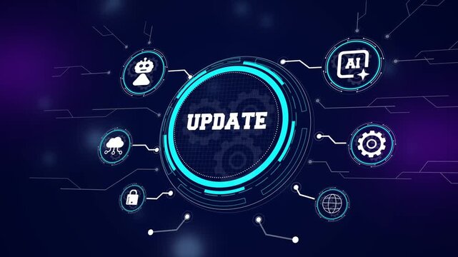 Digital system update processing with a futuristic hud interface, featuring automated software backup and real-time cloud synchronization for tech videos