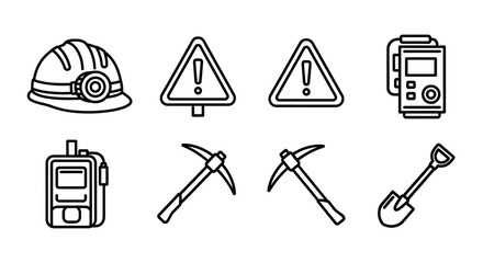 Fototapeta premium Mining and Construction Safety Equipment and Tools Line Art Icons.