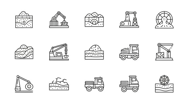 Mining and Construction Industry Line Icons Set.