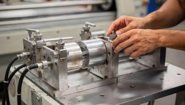 Operator finetuning vacuum sizing sleeves on a compact section of a calibration table focusing on precision alignment and detailed adjustment work.