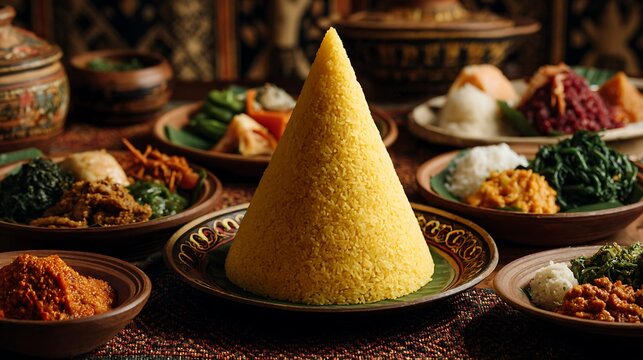 Golden turmeric rice tumpeng surrounded by various delicious traditional Indonesian side dishes