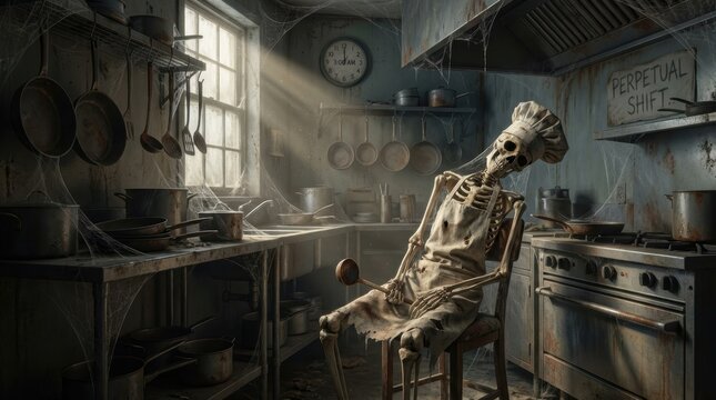 Skeleton chef sits in a dilapidated cobweb filled kitchen with rusty pots and a 'PERPETUAL SHIFT' sign visible