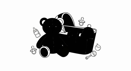 Obraz premium A cartoon teddy bear sits by a baby carriage surrounded by baby accessories