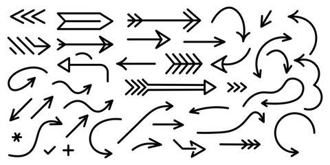 Fototapeta premium Various bold brush drawn curved arrows. Collection doodle marker thick arrows in different directions. Hand drawn vector direction pointers