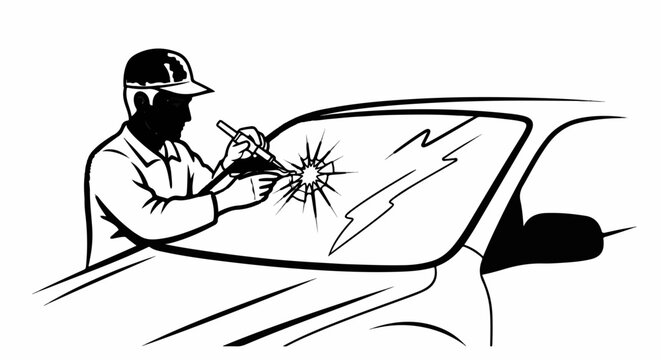 A person in a cap and work clothes repairs a cracked car windshield
