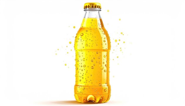 Refreshing Yellow Soda Drink in a Clear Glass Bottle with Bubbles.
