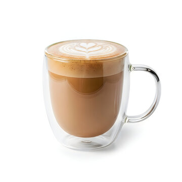 A clear double walled glass mug filled with a fresh hot latte featuring delicate heart latte art