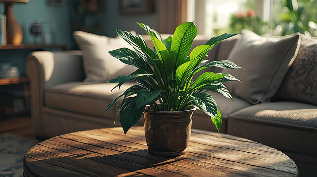 A potted plant sits on a wooden coffee table in a cozy living room with a couch.