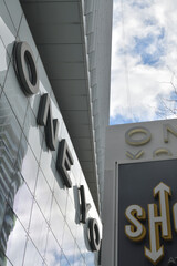 Naklejka premium abstract close-up of facade and sign of One York Street with shops sign, 1 York St, Toronto