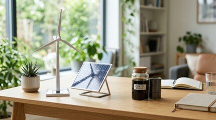 Fototapeta premium Miniature wind turbine model solar panel and a crude oil sample jar sit on a wooden table indoors