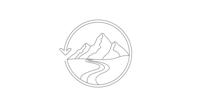Minimalist Line Art of Mountain Landscape with Winding Road and Circular Arrow.