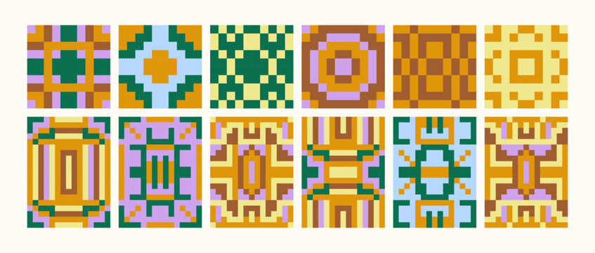 Set of tiles with colorful pixelated geometric patterns