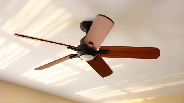 Static shot of ceiling fan blades rotating and spinning in sunlit living room interior with warm wood finish and shadow patterns on ceiling
