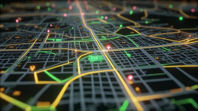 Digital city map interface with glowing routes and markers.