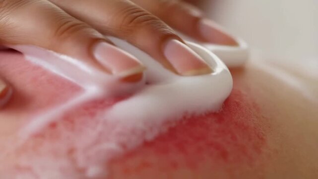 Slow motion close up tracking shot of hand applying cream and rubbing red sunburned skin on shoulder and back indoors