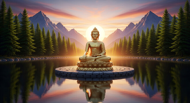 Golden Mahavir Jayanti meditating in profound serenity amidst majestic mountain peaks and a reflective tranquil lake, embodying enlightenment and the harmony of 