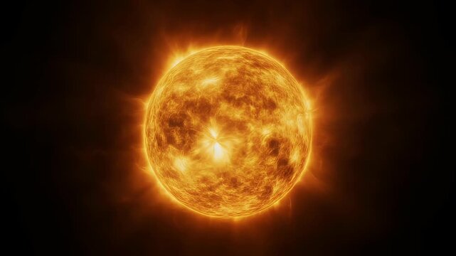 The sun radiates intense heat and light against a dark background.