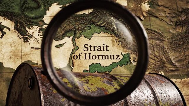 Old rusty oil barrel on vintage map highlighting Strait of Hormuz with magnifying glass in motion showing geopolitical importance and energy resources