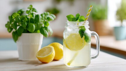 Fototapeta premium Refreshing lemonade in mason jar with mint and lemons on wooden table