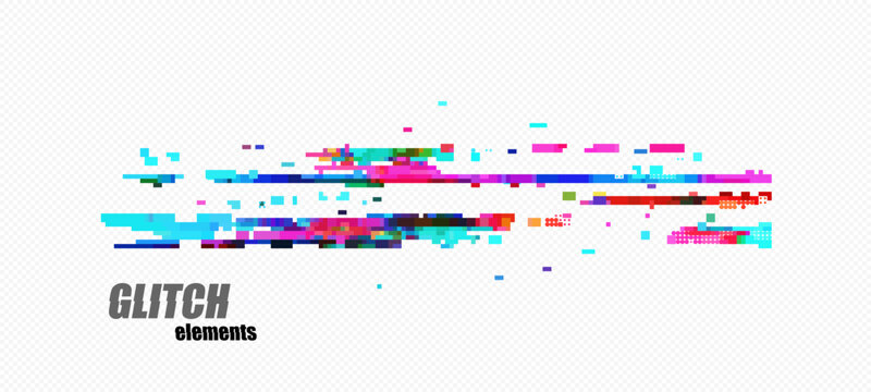 Abstract pixel glitch with separated horizontal bands, long magenta and blue streaks, plus scattered fragments on checkerboard transparency grid for tech overlays, vector.
