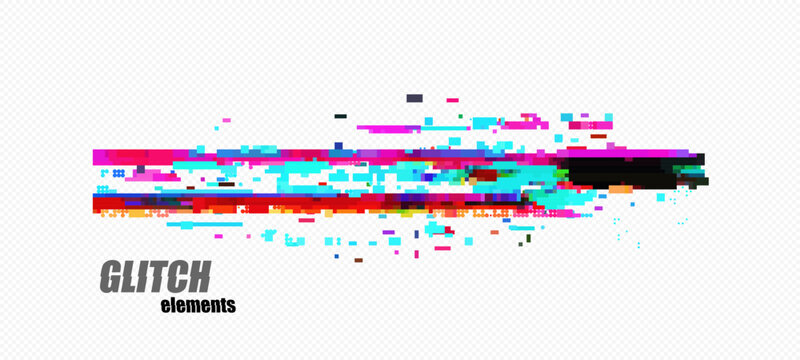 Abstract pixel glitch with thick magenta top bar, red-orange scanline and right dark block, fragmented cyan pixels on transparency grid for cyberpunk overlays, vector.