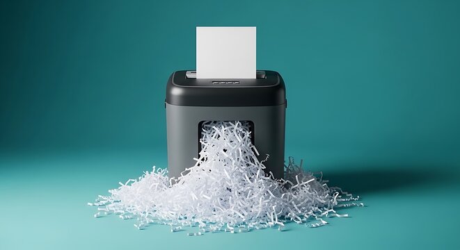 Paper shredder machine destroying white confidential documents on a teal background for office data security and professional privacy protection
