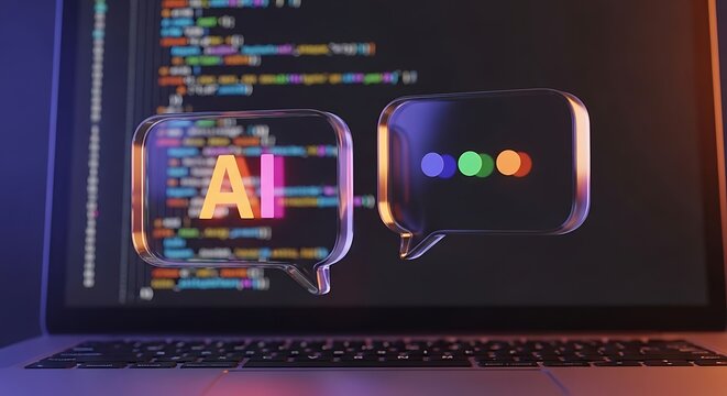Artificial intelligence chatbot icons floating above laptop keyboard with glowing program code background for automated software developer support
