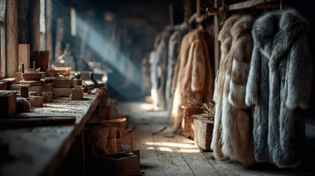 Cozy Workshop with Elegant Fur Coats Hanging in Sunlit Room