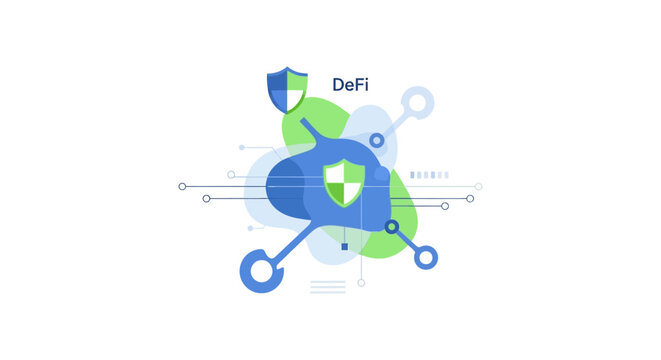 Secure Decentralized Finance (DeFi) Network Concept. Abstract illustration showing shields, blockchain technology, and decentralized digital assets.