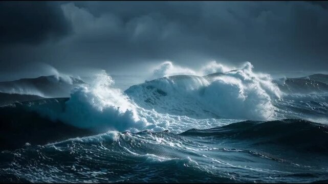 Majestic wave crashing against a stormy sky and ocean