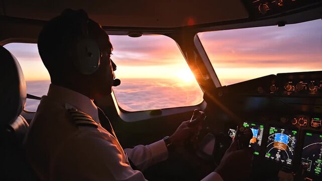 Pilot flying an aircraft during a beautiful sunset over the clouds