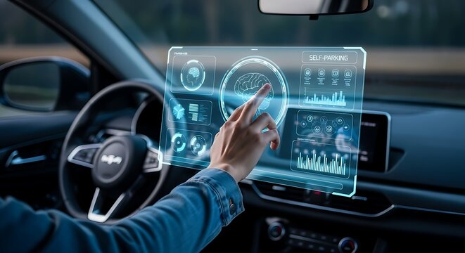 A futuristic driver interacts with an augmented reality dashboard display