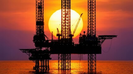 Obraz premium Silhouette of an offshore oil drilling rig at dramatic sunset with vibrant orange and purple sky over calm ocean water