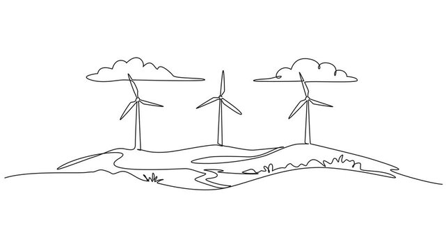 animated continuous line drawing of wind turbines in hilly landscape, line art animation